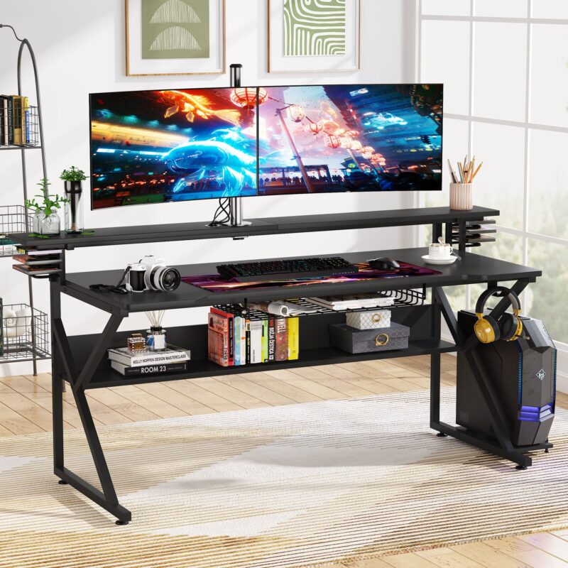 Gaming Desk, Computer Desk with Monitor Stand and Shelf - Image 9