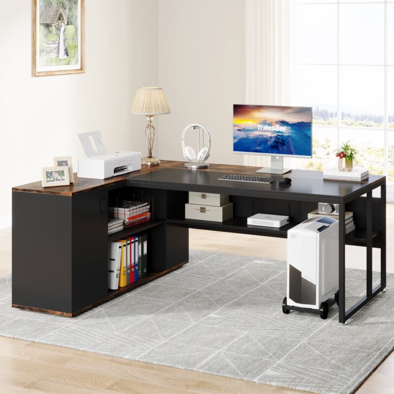 L-Shaped Desk, 71 inch Executive Desk with Shelves & Cabinet