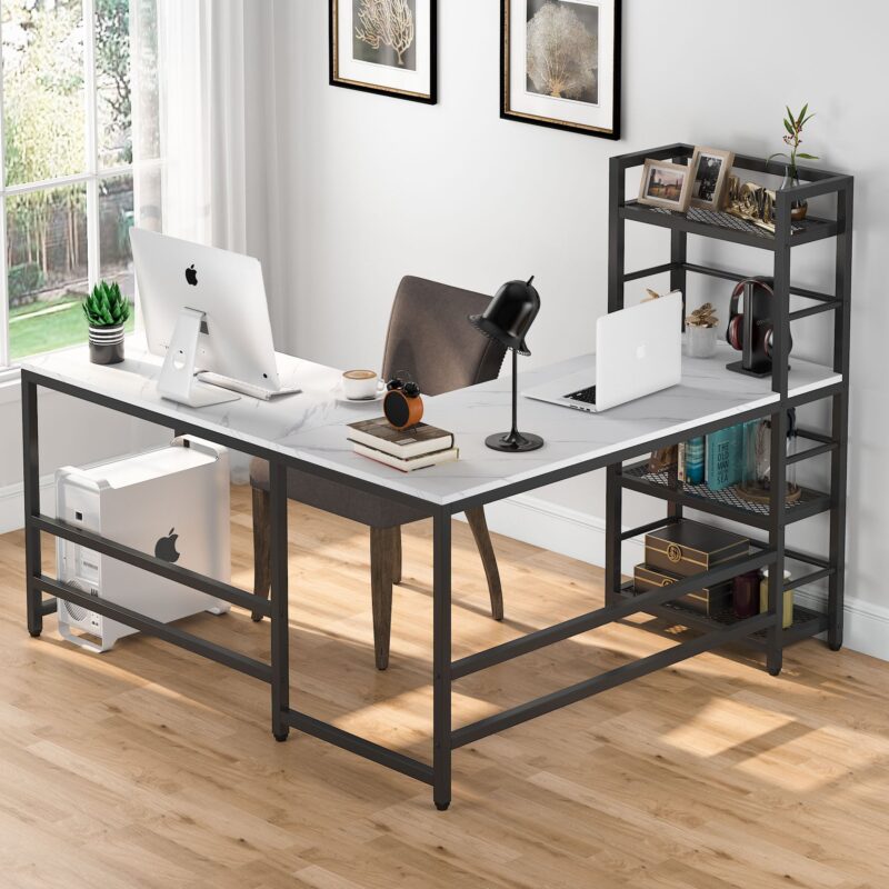 L-Shaped Desk, Reversible 59" Computer Desk with Storage Bookshelf - Image 7