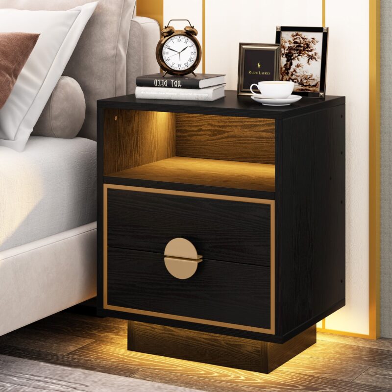 LED Nightstand, 2 Drawers Bedside End Table with Led Lights