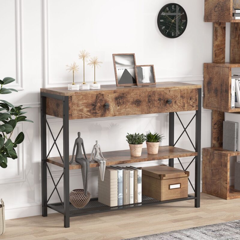 Console Table, Rustic Sofa Side Table With Drawer & 2-Tier Storage Shelves - Image 2