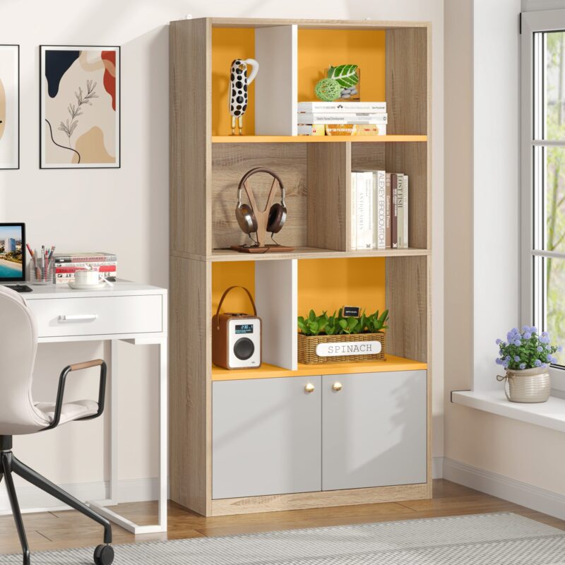 Bookshelf, 65" Tall Freestanding Cube Bookcase with Doors & Open Shelves - Image 2