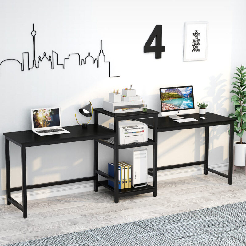 Two Person Desk, 96.9" Double Computer Desk with Storage Shelves - Image 10