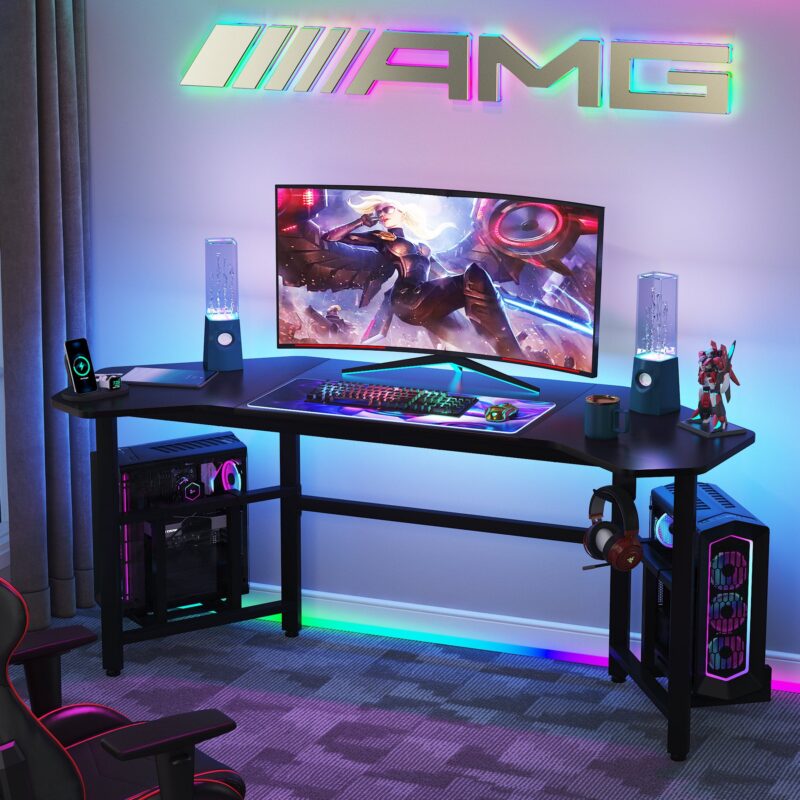 Gaming Desk, 66.5" Ergonomic Wing-Shaped Computer Studio Desk - Image 2