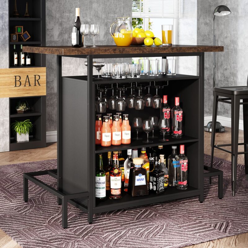 Home Bar Unit, Industrial 3-Tier Liquor Bar Table with Glasses Holder - Image 2