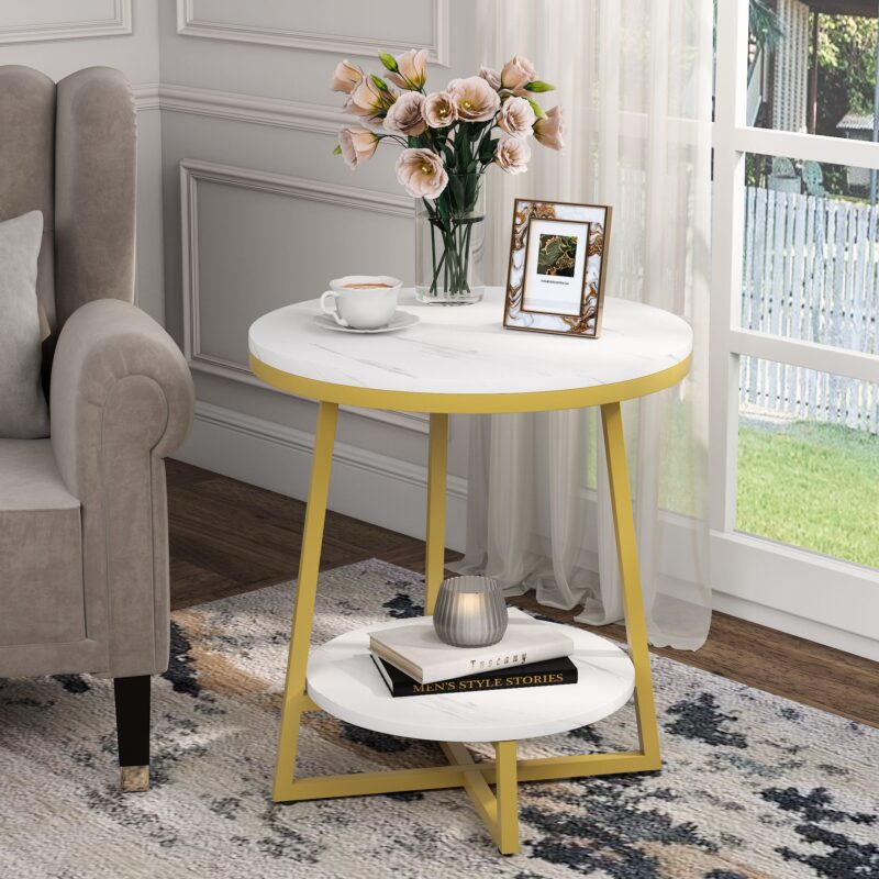 End Table, 2 Tier Round Nightstand Bedside Table - Image 2