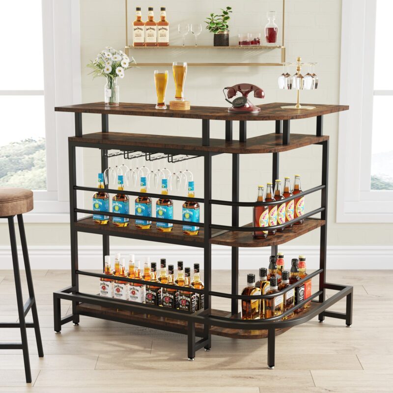 Bar Unit, L-Shaped Liquor Bar Table with 4 Tier Shelves & 4 Glass Holders - Image 2