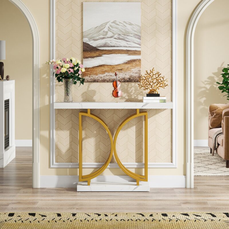 Console Table, Faux Marble Sofa Table with Double D-Shaped Metal Base - Image 3