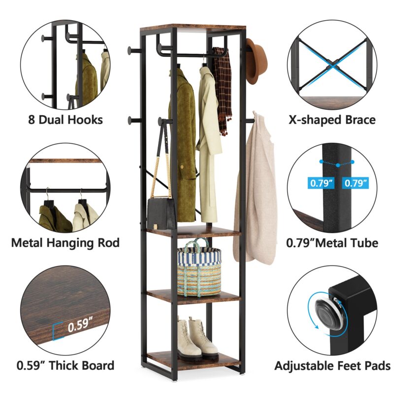 Coat Rack, Freestanding Corner Hall Tree with 4 Shelves 8 Hooks - Image 6