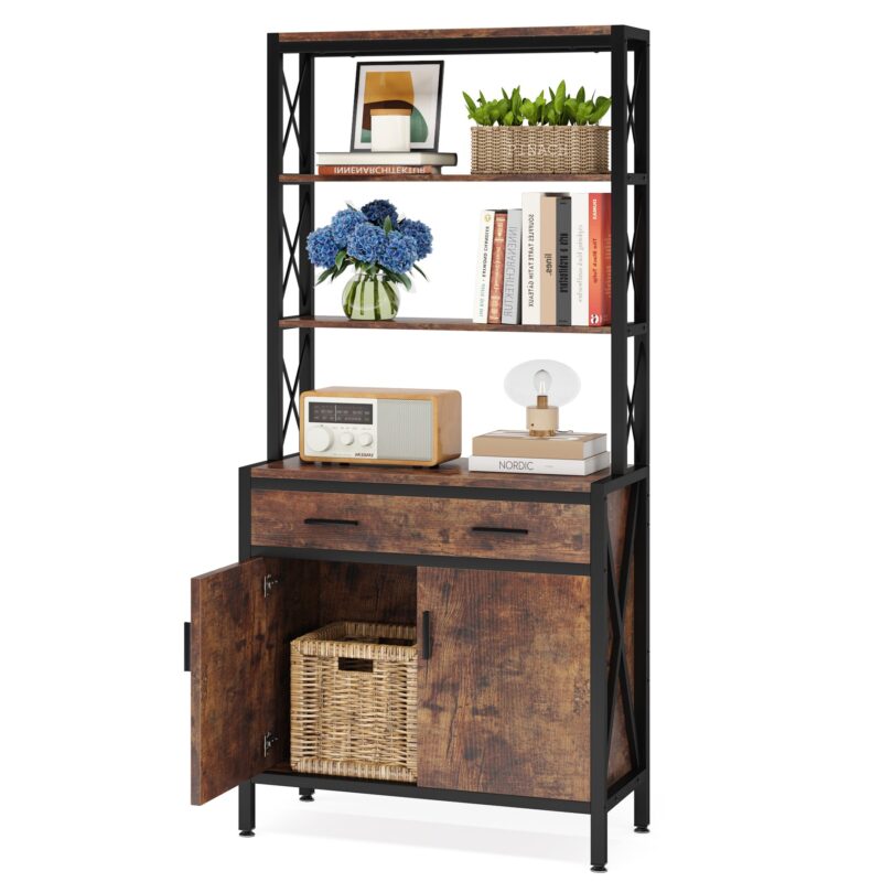 Bookshelf, 4-Tier Etagere Bookcase with Drawer & Cabinet - Image 2