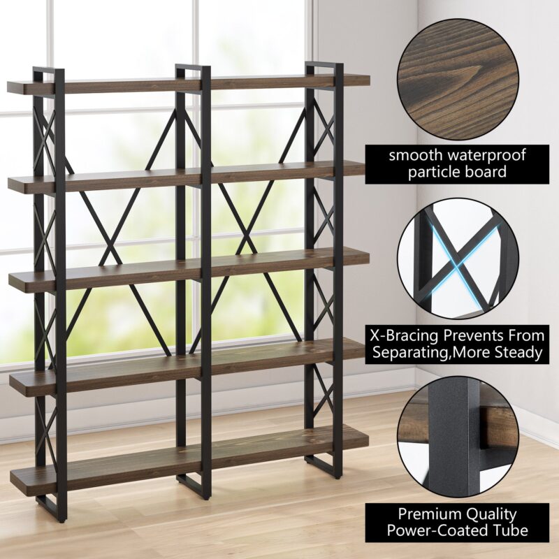 Bookshelf, Double Wide 5-Shelf Etagere Bookcase - Image 4