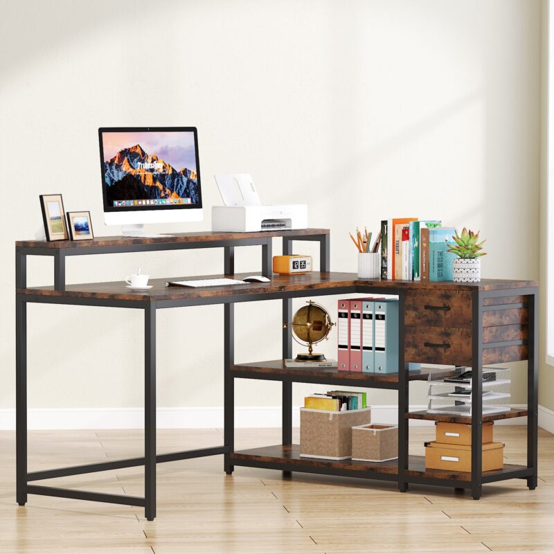 L-Shaped Desk, Industrial Corner Desk with Drawer & Storage Shelves - Image 3