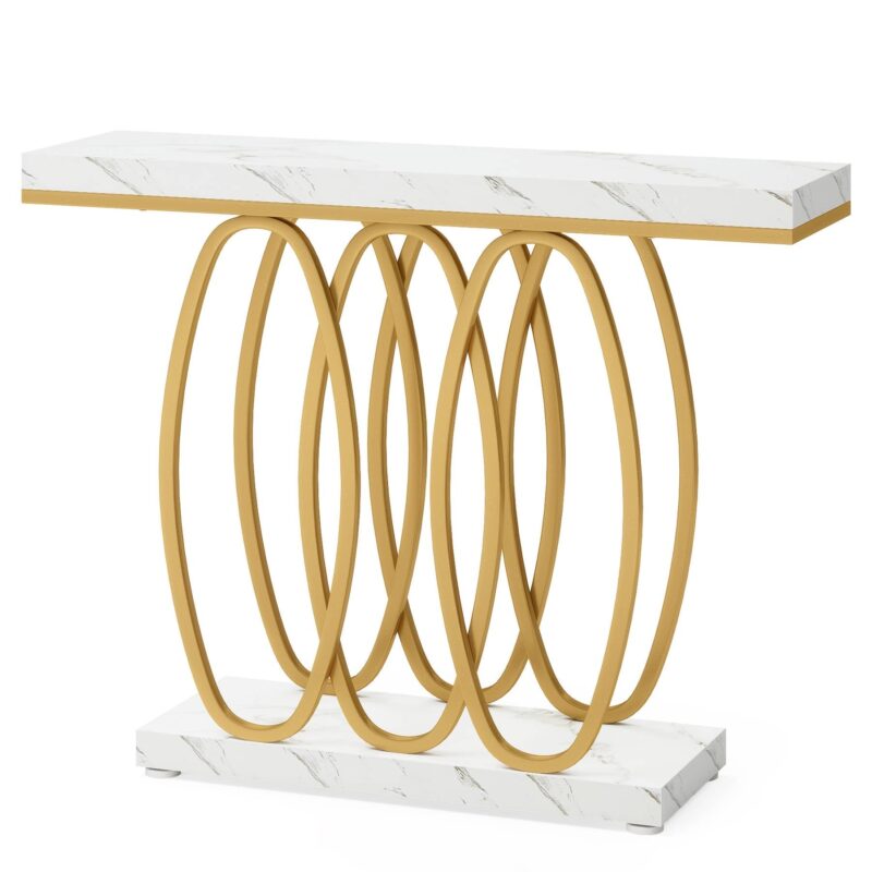 Console Table, 39.37" Faux Marble Sofa Table Geometric Metal Legs - Image 2