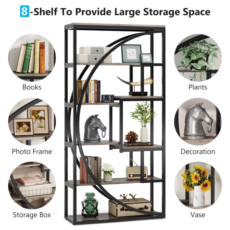 Bookshelf, Industrial Bookcase with 8 Open Storage Shelf - Image 6