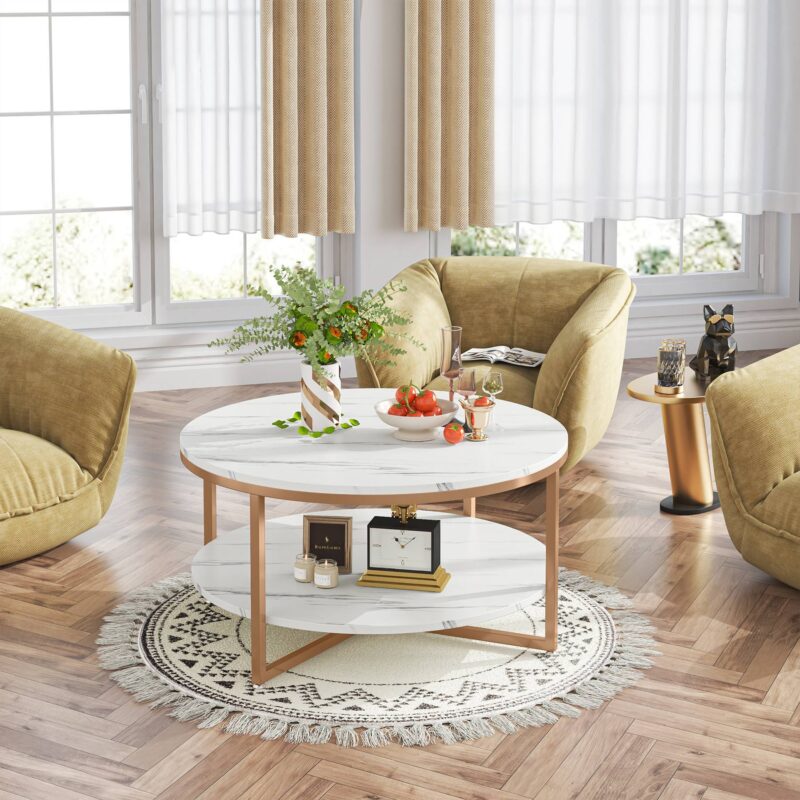 Coffee Table, 2-tier Round Tea Table with Faux Marble Tabletop - Image 5