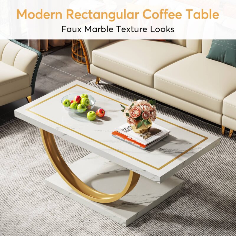 Coffee Table, Mid Century Modern Center Table with Faux Marble Veneer - Image 6