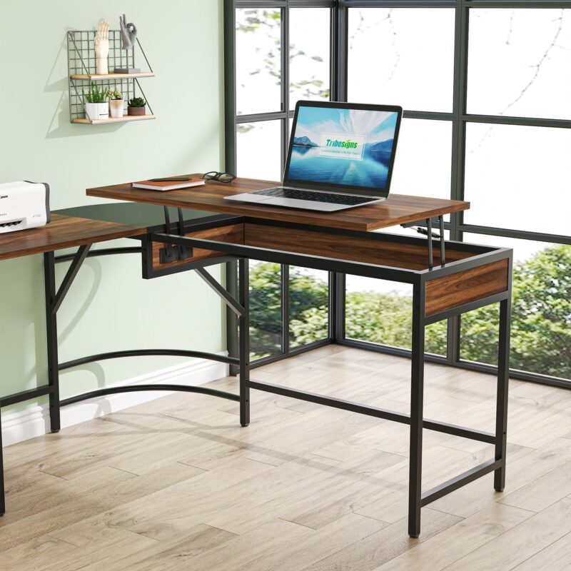 L-Shaped Desk with Lift Top, 59" Corner Computer Desk with Storage Shelves - Image 4