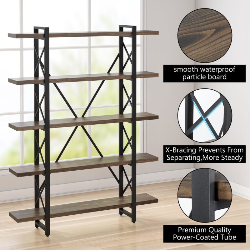 Bookshelf, 72" Solid Wood Bookcase 5-Shelf Display Rack - Image 4