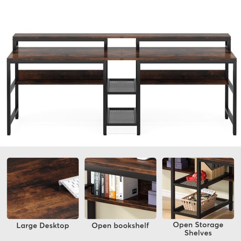 Two Person Desk, 78.7" Double Computer Desk with Monitor Riser & Shelves - Image 6