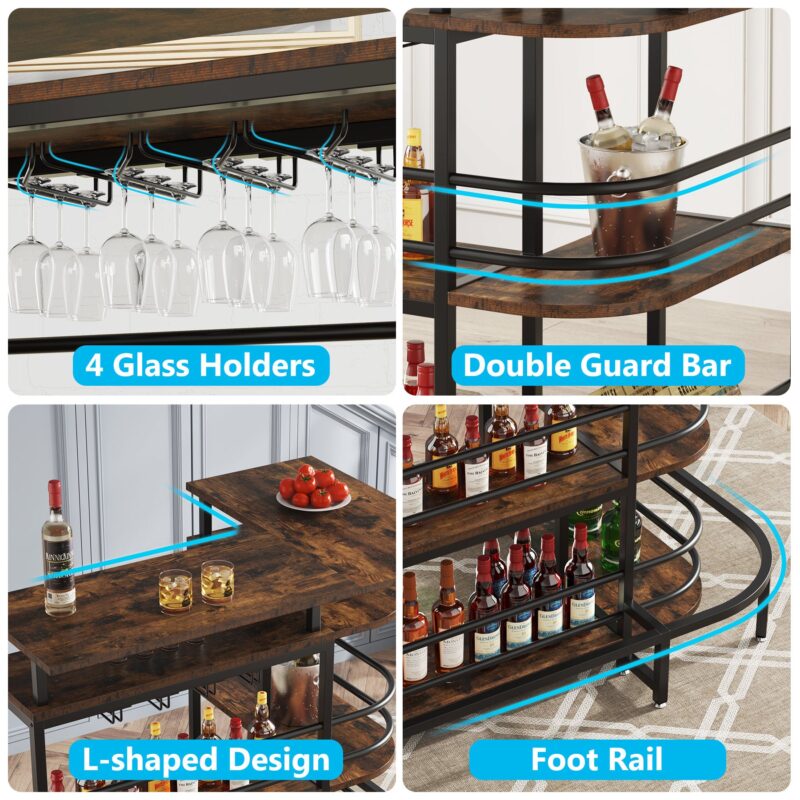 Bar Unit, L-Shaped Liquor Bar Table with 4 Tier Shelves & 4 Glass Holders - Image 5