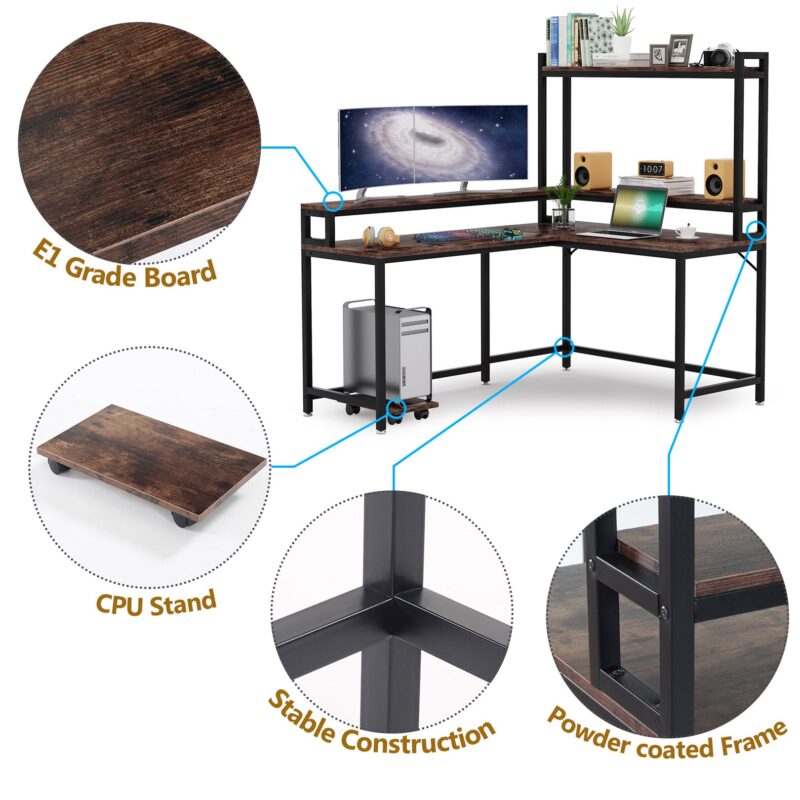 L-Shaped Desk, Corner Computer Desk with Hutch and Monitor Stand - Image 6