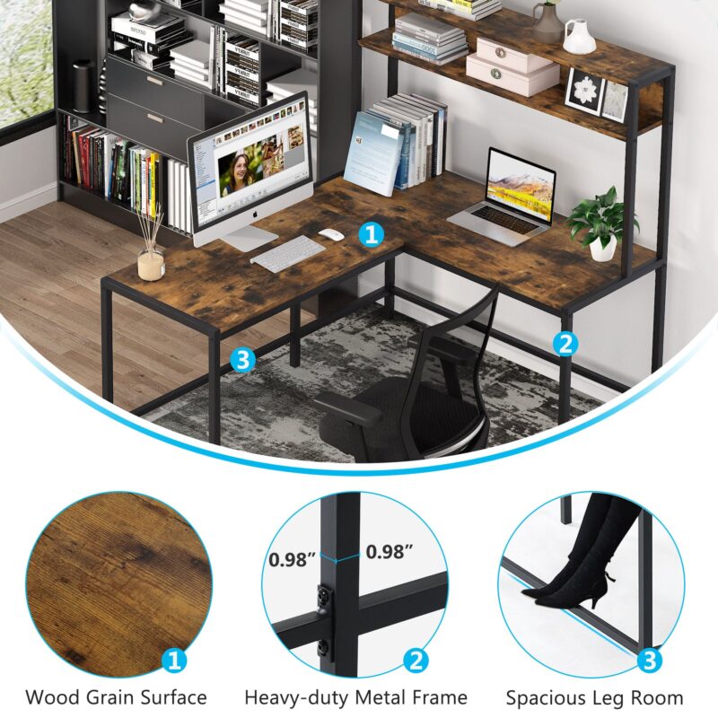 L-Shaped Desk,  Computer Desk with Hutch, Study Corner Desk - Image 6