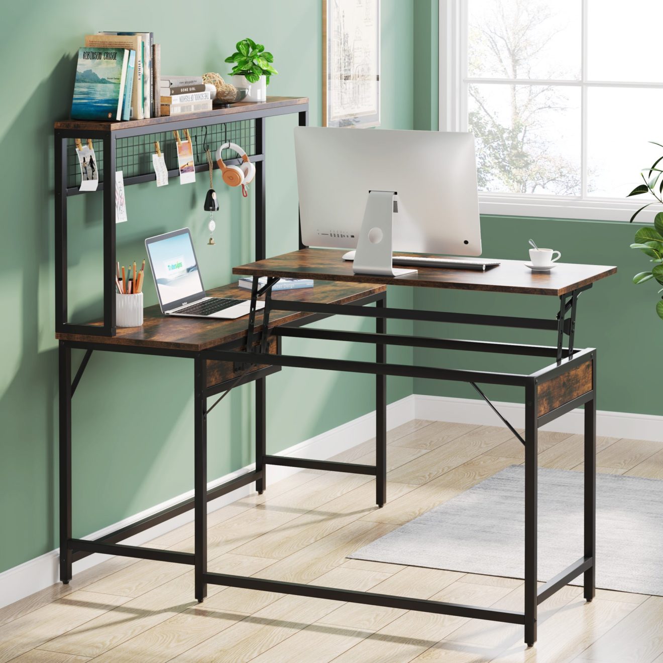 Lift Top L-Shaped Desk, Corner Height Adjustable Desk with Hutch ...