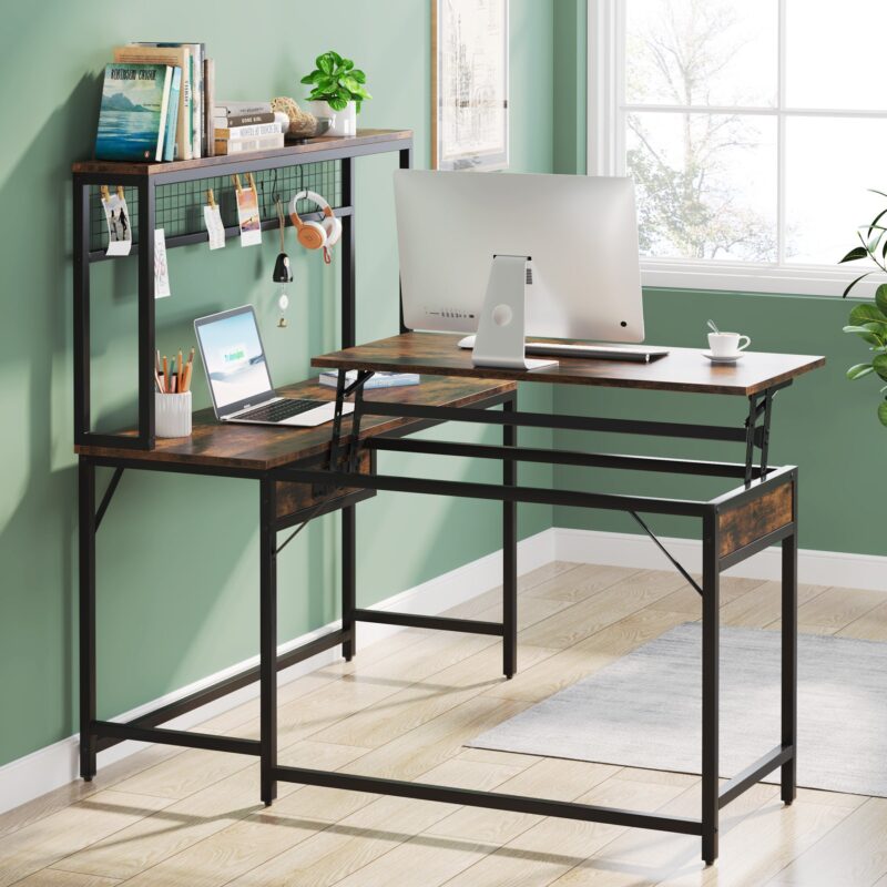 Lift Top L-Shaped Desk, Corner Height Adjustable Desk with Hutch - Image 4