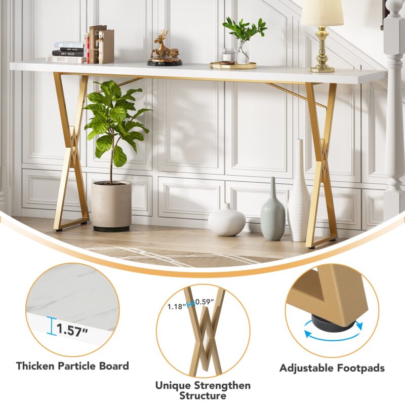 Console Table, 70.9 Inch Sofa Table Hallway Table, White and Gold - Image 5