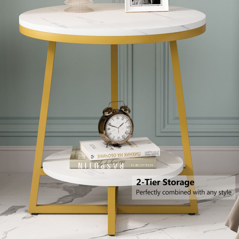 End Table, 2 Tier Round Nightstand Bedside Table - Image 6