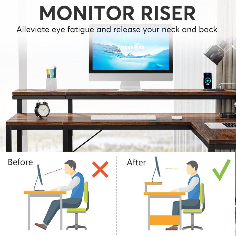 L-Shaped Desk, Corner Desk with Power Outlets & Monitor Shelves - Image 4