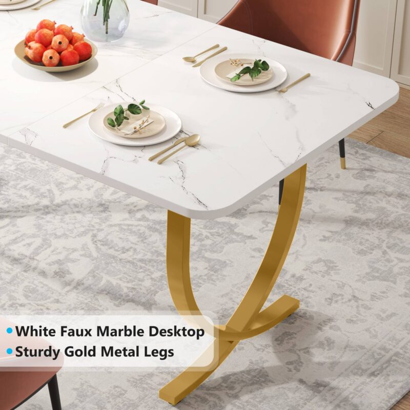 Dining Table, 63" Modern Kitchen Table with Faux Marble Table Top - Image 6