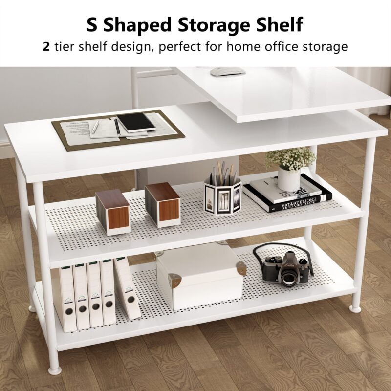 Rotating Desk, Modern L-Shaped Desk with Storage Shelves - Image 6