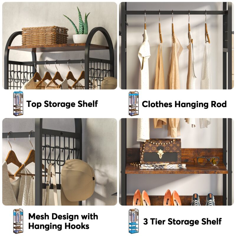 Coat Rack, Freestanding Hall Tree with 4 Storage Shelves - Image 5