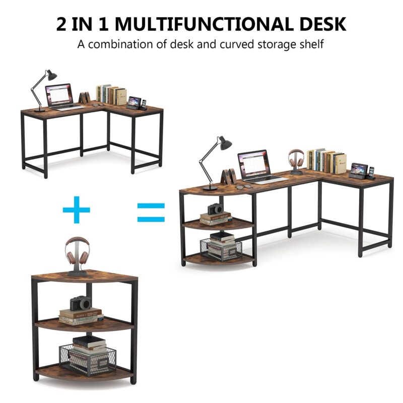 L-Shaped Desk, 75 inch Corner Computer Desk with Reversible Shelves - Image 5