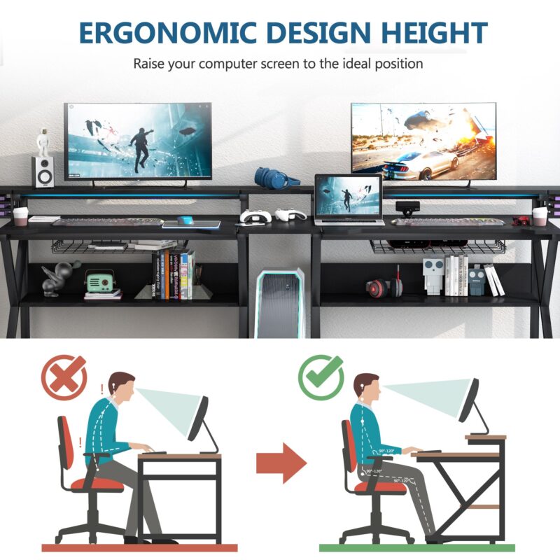 Gaming Desk, 102" Two Person Computer Desk with Shelves - Image 6