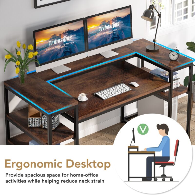 Computer Desk, 63" Study Table with Monitor Stand & Shelves - Image 5