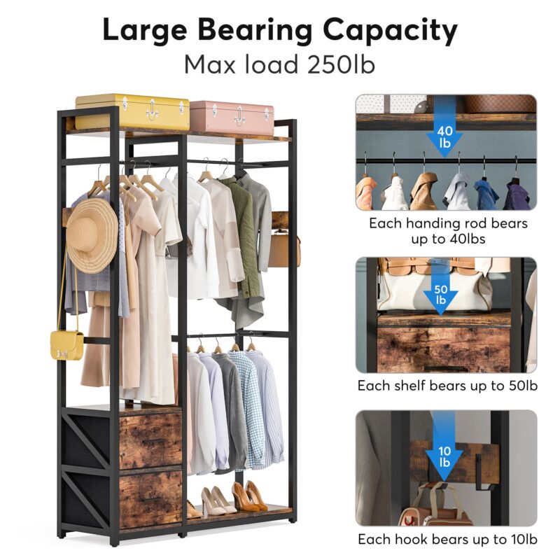 Freestanding Closet Organizer, 2 Fabric Drawers Garment Clothes Rack - Image 4