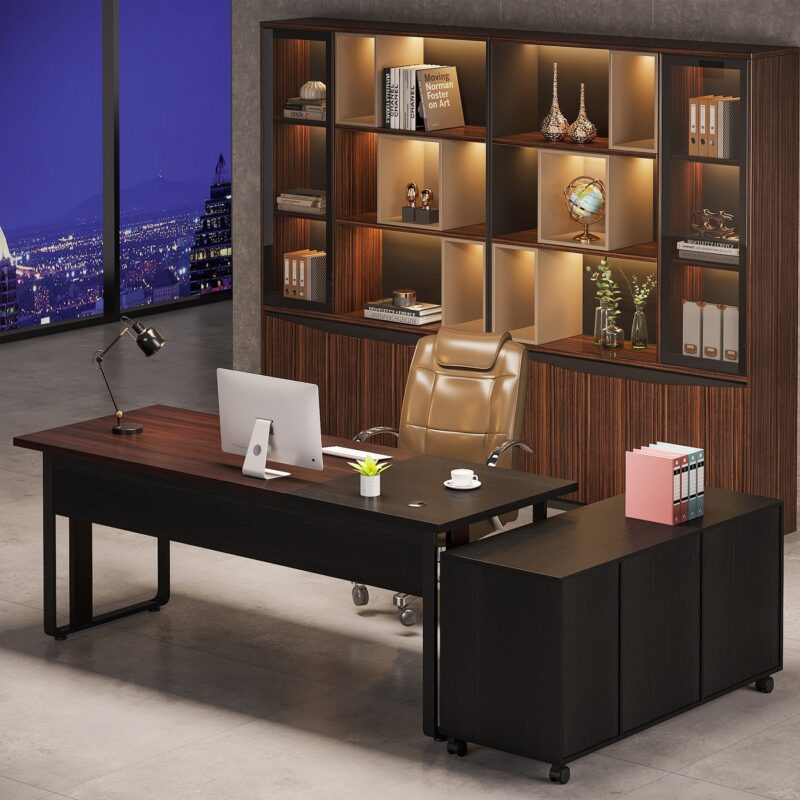 70.8" Executive Desk with 47" Mobile File Cabinet, L Shaped Computer Desk - Image 4