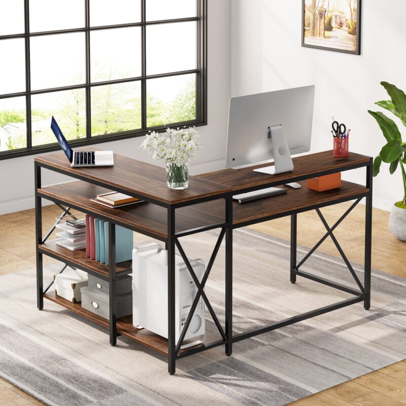 L-Shaped Desk, Reversible Corner Desk with Storage Shelves and Monitor Stand - Image 4