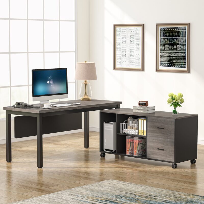 L-Shaped Desk,  Executive Computer Desk with Storage Cabinet - Image 8