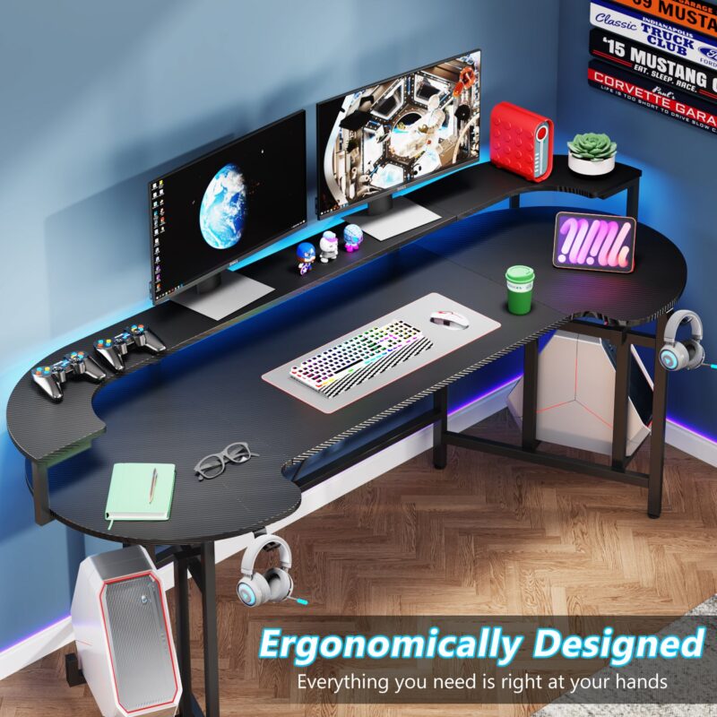 Gaming Desk, 75" Computer Desk with LED Strip & Monitor Shelf - Image 5