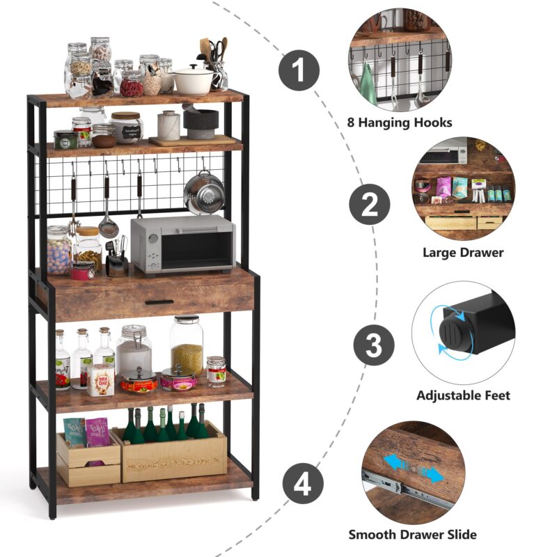 Kitchen Baker's Rack, 5-Tier Kitchen Storage Shelf with Hutch - Image 5