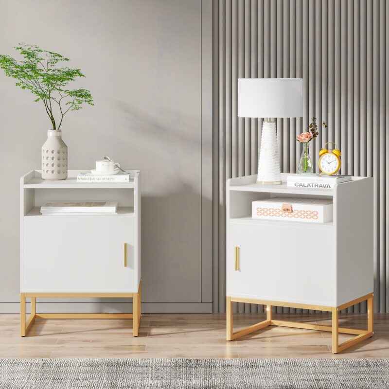 Nightstand, Modern Bedside Table with Cabinet and Storage Shelf - Image 9