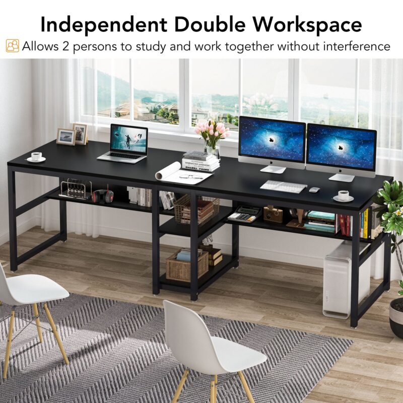 Two Person Desk, Computer Desk Double Workstation with Shelves - Image 5