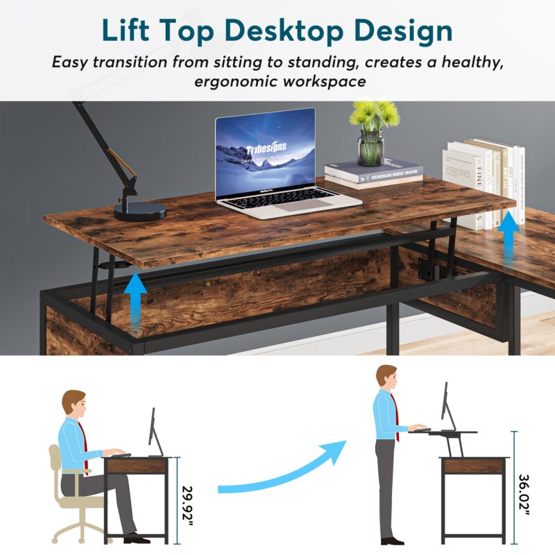 Lift Top L-Shaped Desk, Computer Corner Desks with Drawers - Image 6