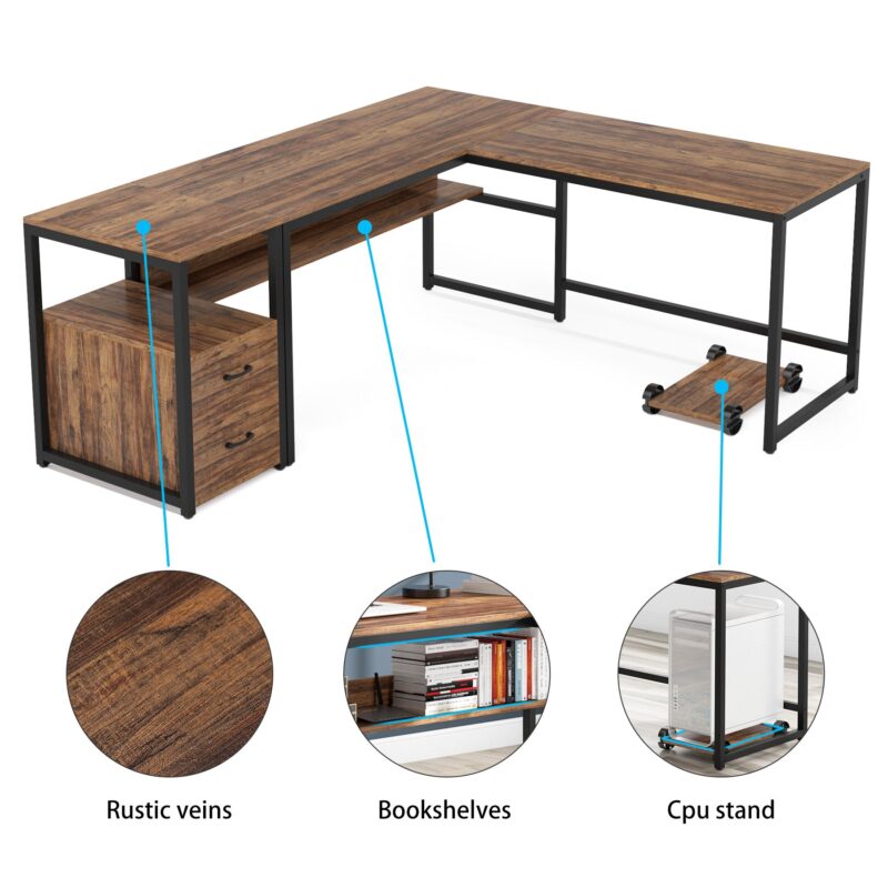 L-Shaped Desk, 70" Computer Desk with Bookcase and Cabinet - Image 5