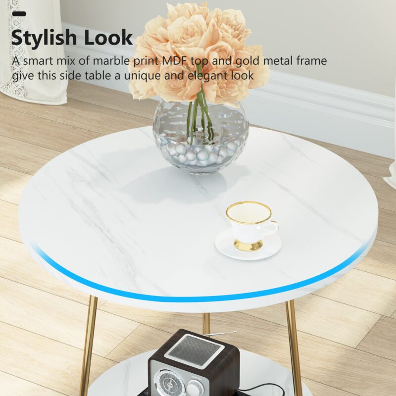 End Table, 2 Tier Round Sofa Bedside Table with Shelves - Image 5