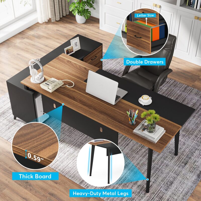 L-Shaped Desk, 70.9’’ Office Executive Desk with File Cabinet - Image 6