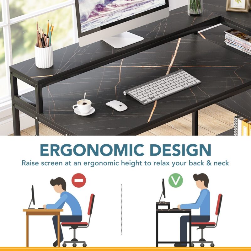 L-Shaped Desk, 53" Reversible Corner Desk with Shelves and Monitor Stand - Image 5